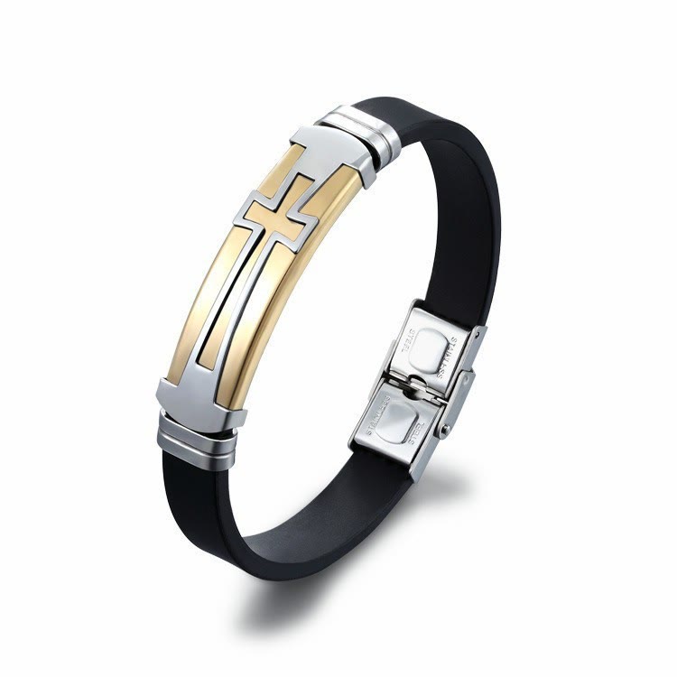 Christianartworkshop Two-Layer Hollow Cross Stainless Steel Silicone Wrist Bracelet: Emblem of Minimalist Abiding Grace - Golden - image 7