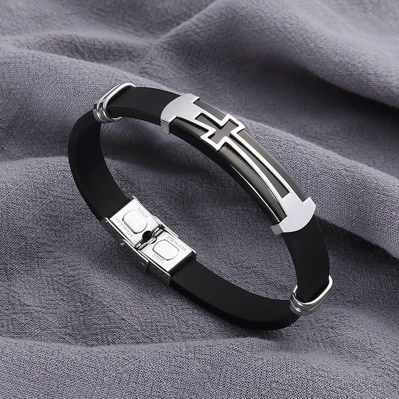 Christianartworkshop Two-Layer Hollow Cross Stainless Steel Silicone Wrist Bracelet: Emblem of Minimalist Abiding Grace - Black - image 6