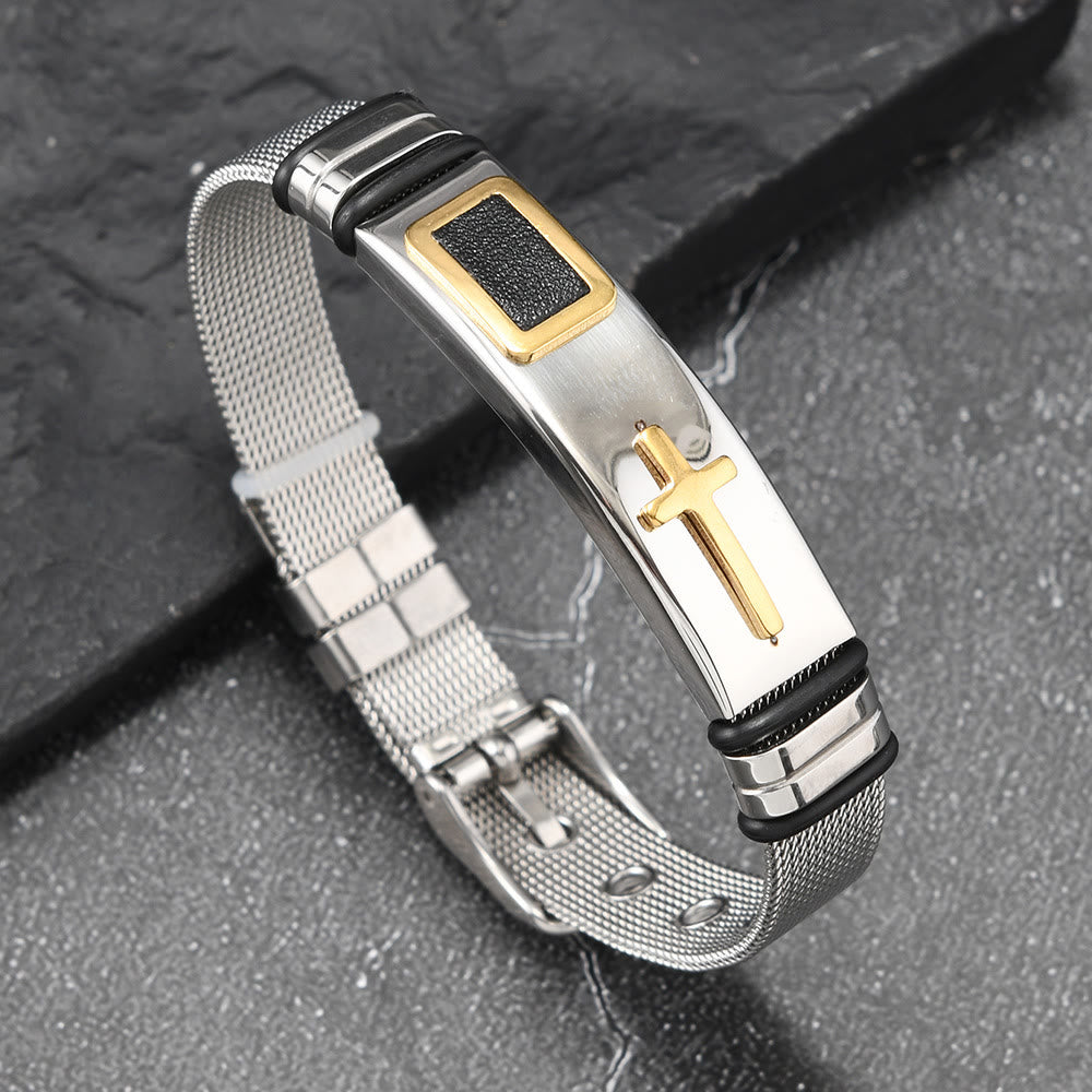 Christianartworkshop Two-Tone Raised Cross Mesh Stainless Steel Pin Buckle Bracelet: Emblem of Minimalist Abiding Grace - Silver&Golden - image 7