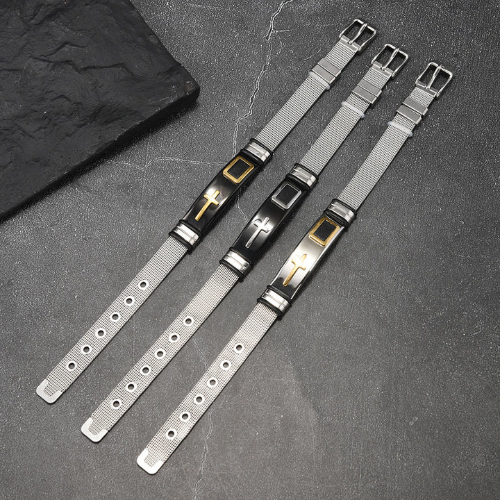 Christianartworkshop Two-Tone Raised Cross Mesh Stainless Steel Pin Buckle Bracelet: Emblem of Minimalist Abiding Grace - image 3