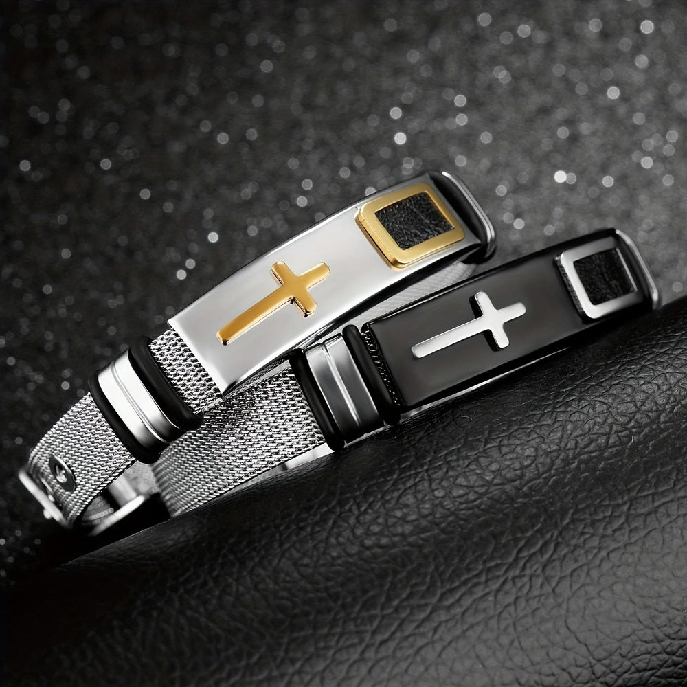 Christianartworkshop Two-Tone Raised Cross Mesh Stainless Steel Pin Buckle Bracelet: Emblem of Minimalist Abiding Grace - image 1