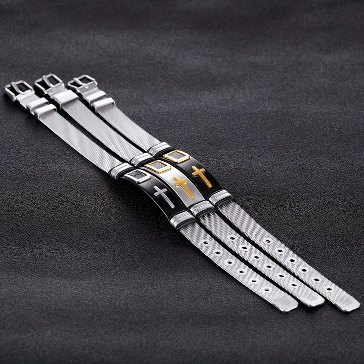 Christianartworkshop Two-Tone Raised Cross Mesh Stainless Steel Pin Buckle Bracelet: Emblem of Minimalist Abiding Grace - image 2