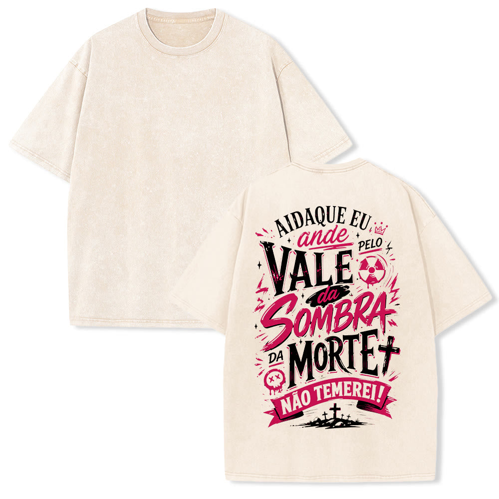 Christianartworkshop Ainda Que Eu Ande Pelo Vale Da Sombra Da Morte Cross Grave Crown Portuguese Faith Back Print Vintage Washed Unisex T-Shirt - Beige - 5XL - image 1