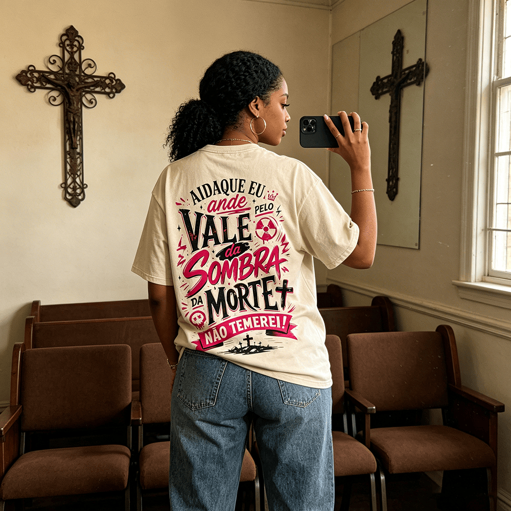 Christianartworkshop Ainda Que Eu Ande Pelo Vale Da Sombra Da Morte Cross Grave Crown Portuguese Faith Back Print Vintage Washed Unisex T-Shirt - image 0