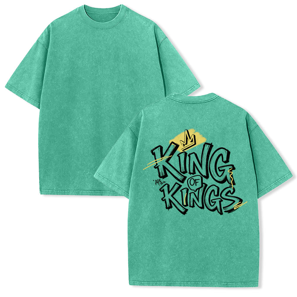 Christianartworkshop King Of Kings Brush Graffiti Crown Back Print Vintage Washed Unisex T-Shirt - Green - 5XL - image 1