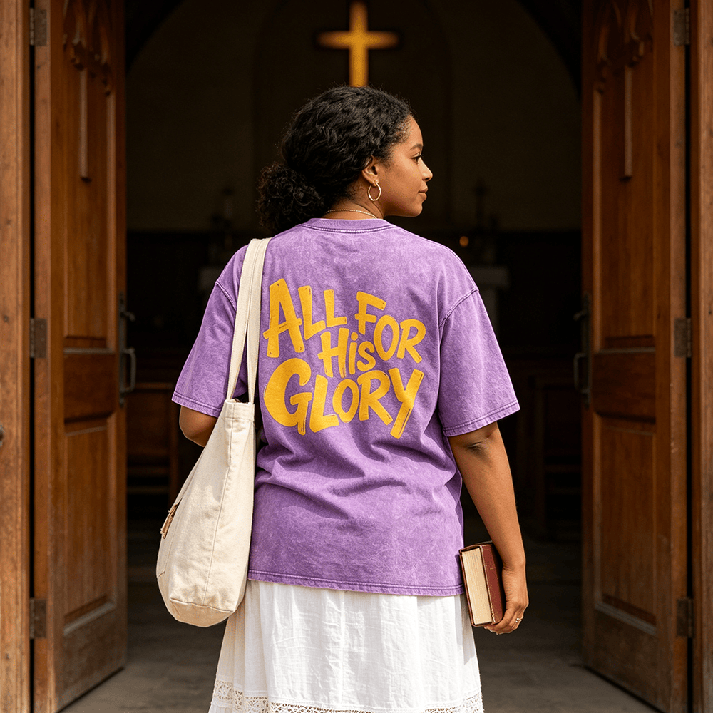 Christianartworkshop All For His Glory Thick Hand Drawn Bubble Font Back Print Vintage Washed Unisex T-Shirt - image 0