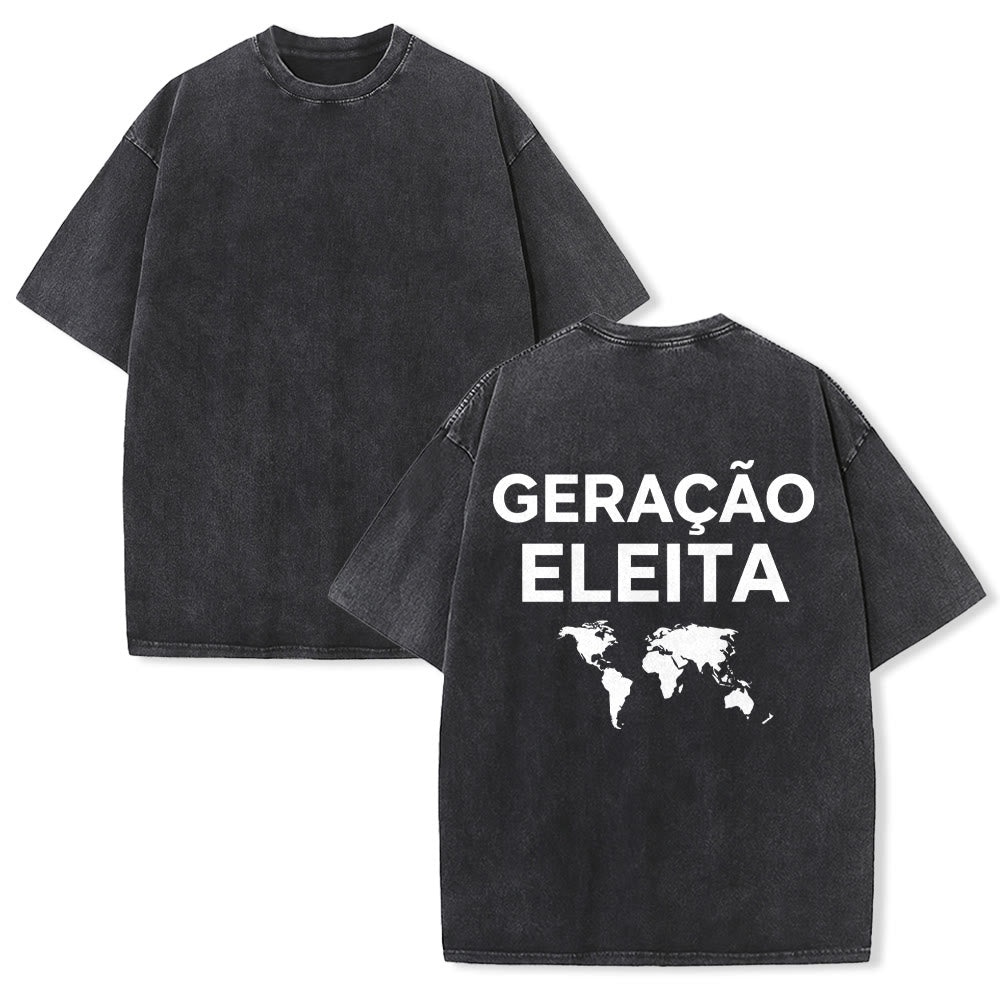 Christianartworkshop Geração Eleita World Map Matching Couple Back Print Vintage Washed Unisex T-Shirt - Black - 5XL - image 1