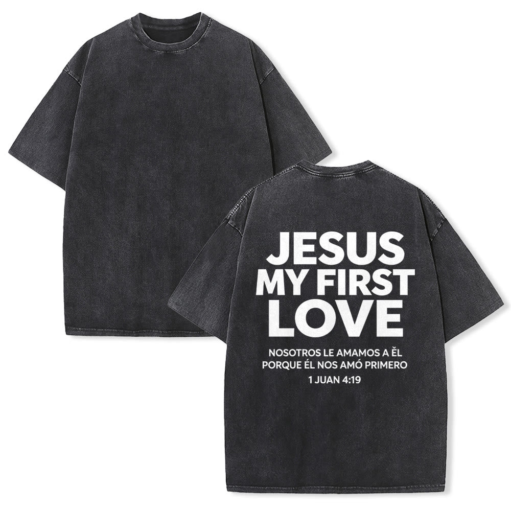 Christianartworkshop Jesus My First Love Spanish Verse 1 Juan 4:19 Matching Couple Back Print Vintage Washed Unisex T-Shirt - Black - 5XL - image 1