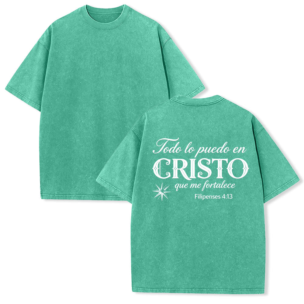 Christianartworkshop Elegant Dual Font Spanish Spiritual Verse Tiny Star Back Washed Unisex T-Shirt - Green - 5XL - image 1