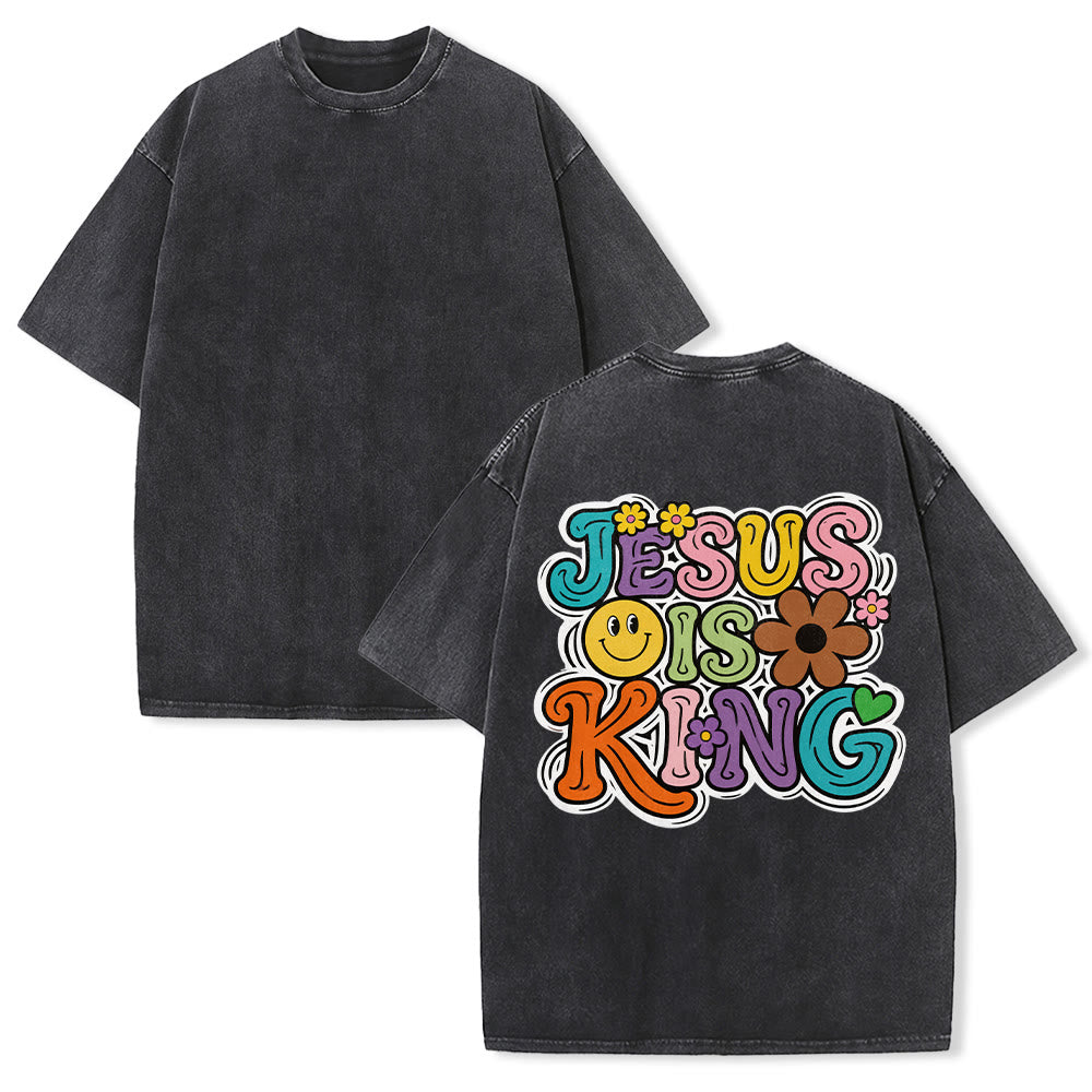 Christianartworkshop Jesus Is King Retro Groovy Multicolor Bubble Font Flower Smiley Back Print Vintage Washed Unisex T-Shirt - Black - 5XL - image 1