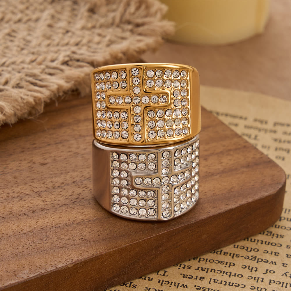 Christianartworkshop Dual Color Polished Thick Band Fully Encased Zircon Cross Ring: Bearer of Steady Quiet Spiritual Serenity - image 0