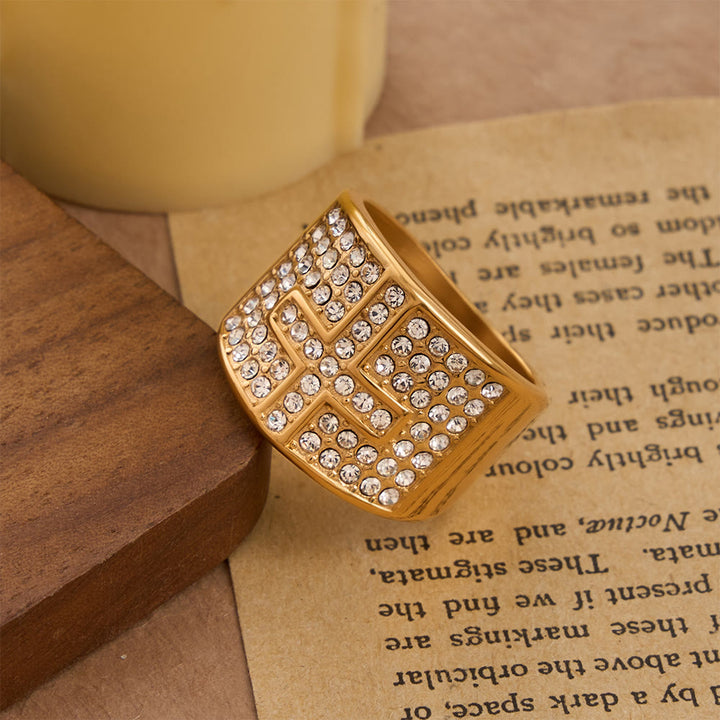 FREE Today: Dual Color Polished Thick Band Fully Encased Zircon Cross Ring: Bearer of Steady Quiet Spiritual Serenity - Golden - US 13 - image 1