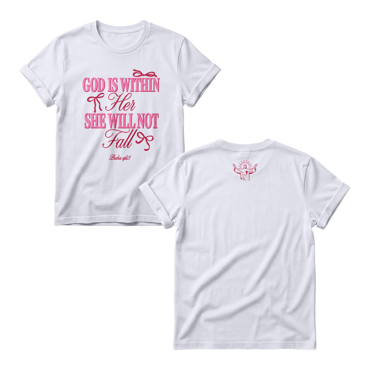 Christianartworkshop Mix Serif Cursive Bow Detail God Is Within Her Bible Verse Women’s Crewnecks - White - 4XL - image 2