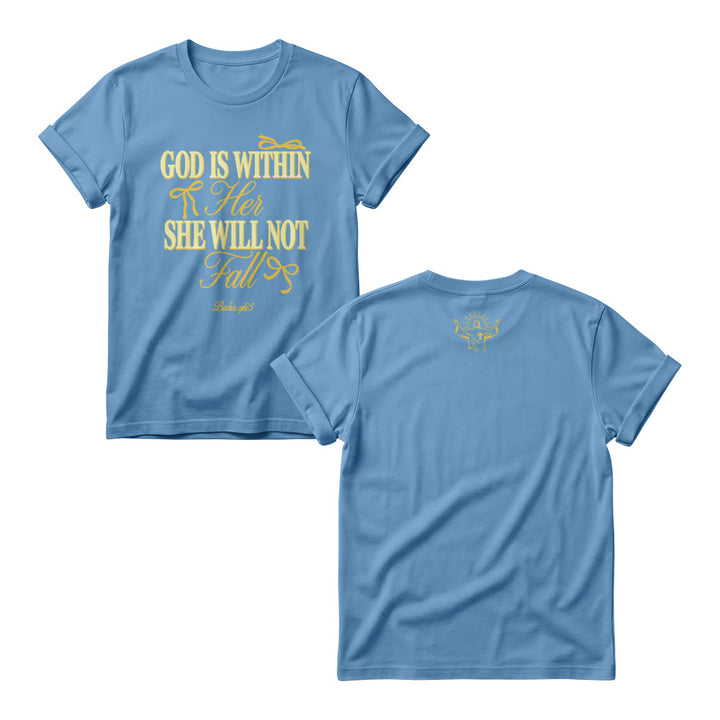 Christianartworkshop Mix Serif Cursive Bow Detail God Is Within Her Bible Verse Women’s Crewnecks - Blue - 4XL - image 7