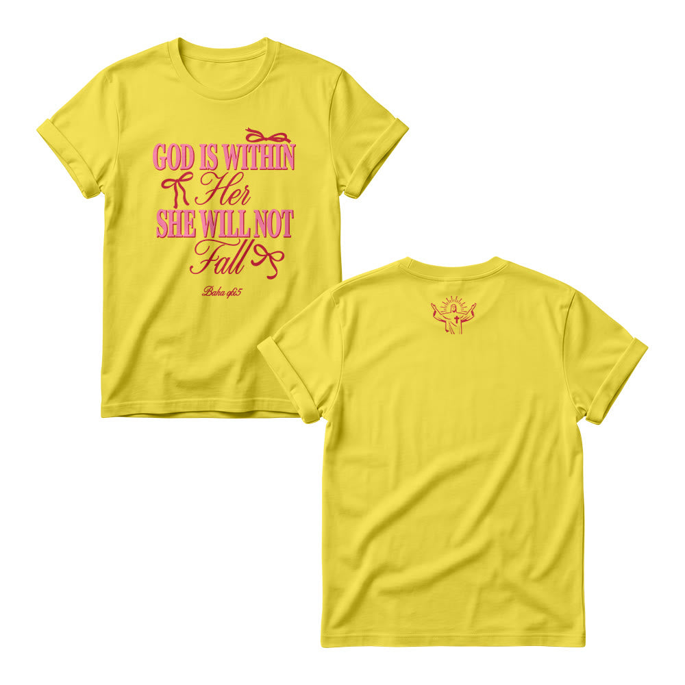 Christianartworkshop Mix Serif Cursive Bow Detail God Is Within Her Bible Verse Women’s Crewnecks - Yellow - 4XL - image 4