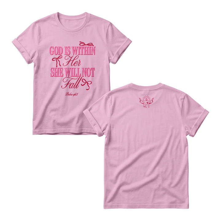 Christianartworkshop Mix Serif Cursive Bow Detail God Is Within Her Bible Verse Women’s Crewnecks - Pink - 4XL - image 6