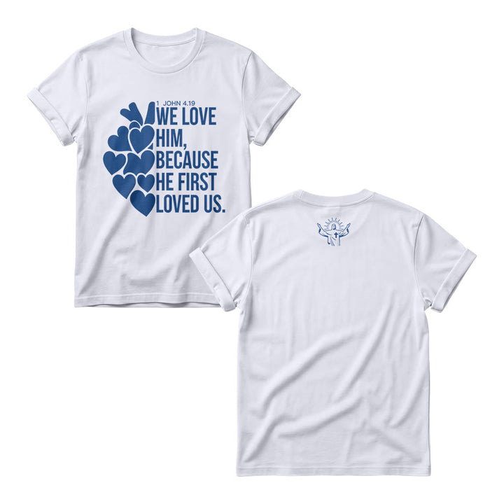 Christianartworkshop Stacked Bold Script Heart Accent 1 John 4:19 Dual Sides Faith Women’s Crewnecks - White - 4XL - image 3