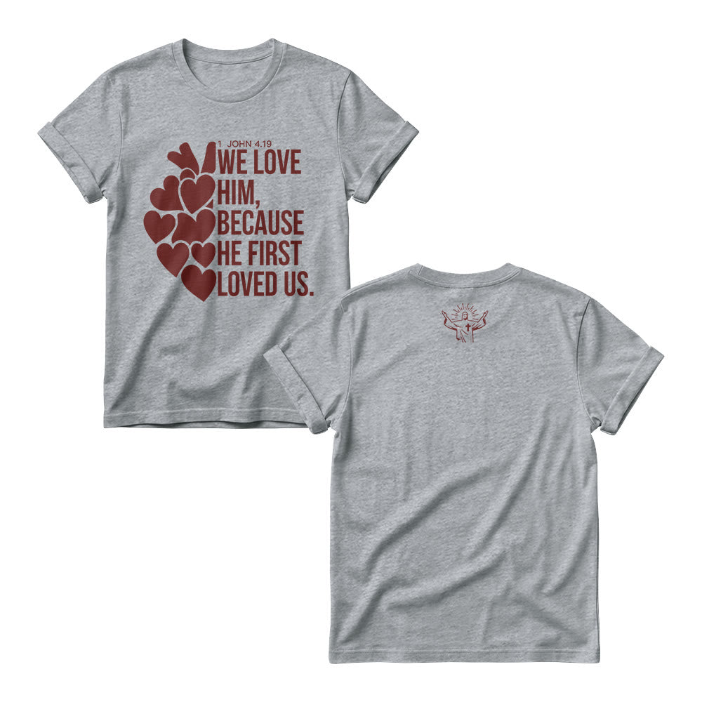 Christianartworkshop Stacked Bold Script Heart Accent 1 John 4:19 Dual Sides Faith Women’s Crewnecks - Grey - 4XL - image 6