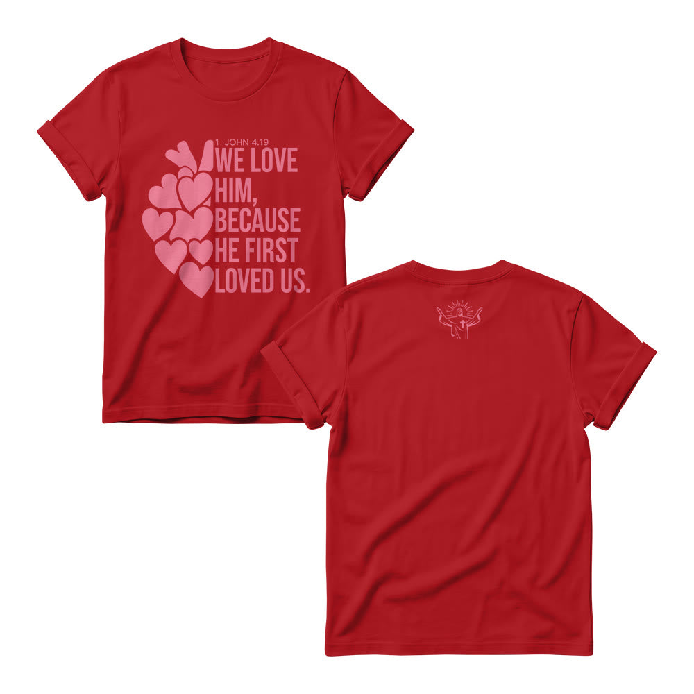 Christianartworkshop Stacked Bold Script Heart Accent 1 John 4:19 Dual Sides Faith Women’s Crewnecks - Red - 4XL - image 10