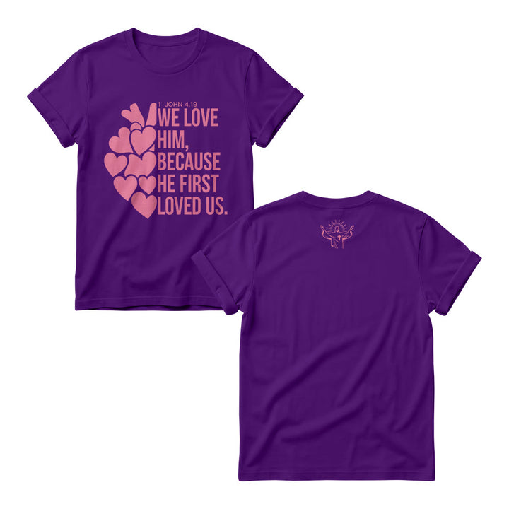 Christianartworkshop Stacked Bold Script Heart Accent 1 John 4:19 Dual Sides Faith Women’s Crewnecks - Purple - 4XL - image 9