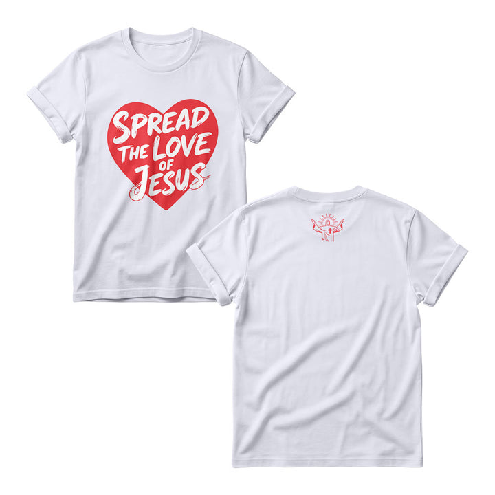 Christianartworkshop Spread The Love Of Jesus Solid Heart Shape Brush Script Front Print Christian Women’s Crewnecks - White - 4XL - image 1