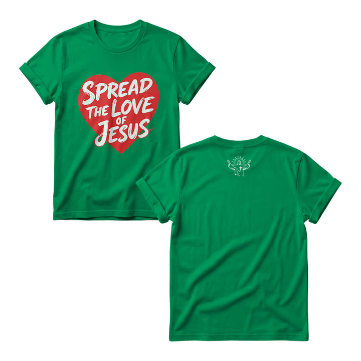 Christianartworkshop Spread The Love Of Jesus Solid Heart Shape Brush Script Front Print Christian Women’s Crewnecks - Green - 4XL - image 9