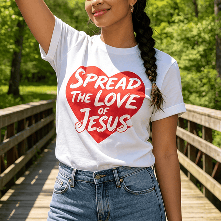 Christianartworkshop Spread The Love Of Jesus Solid Heart Shape Brush Script Front Print Christian Women’s Crewnecks - image 0