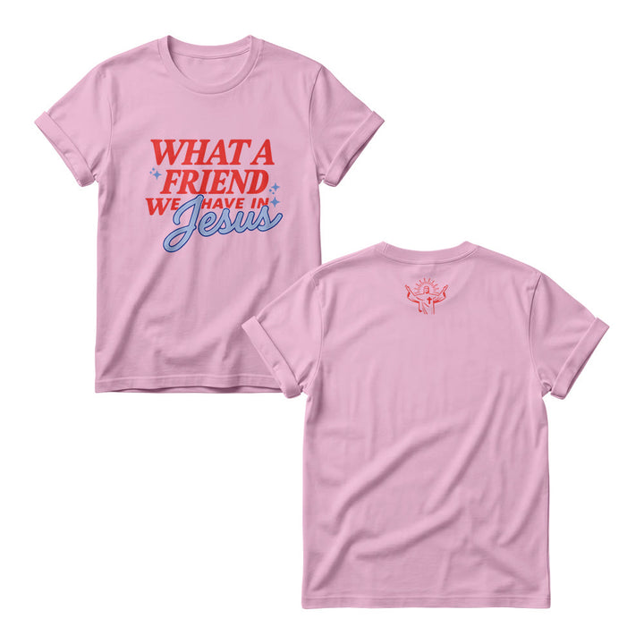 Christianartworkshop What A Friend We Have In Jesus Mix Block Cursive Tiny Star Sparkle Accent Front Print Christian Women’s Crewnecks - Pink - 4XL - image 4