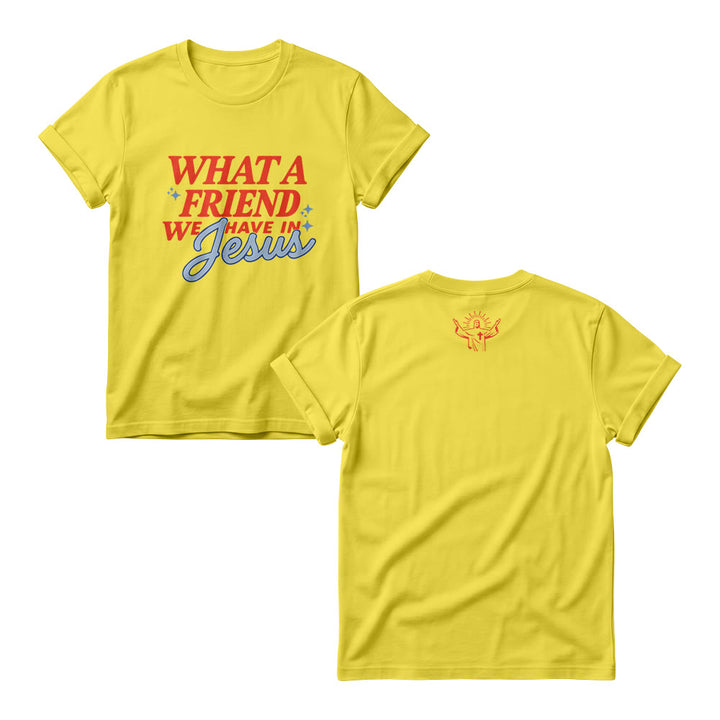 Christianartworkshop What A Friend We Have In Jesus Mix Block Cursive Tiny Star Sparkle Accent Front Print Christian Women’s Crewnecks - Yellow - 4XL - image 2