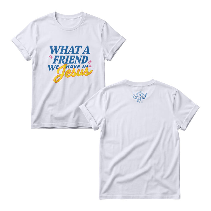 Christianartworkshop What A Friend We Have In Jesus Mix Block Cursive Tiny Star Sparkle Accent Front Print Christian Women’s Crewnecks - White - 4XL - image 1