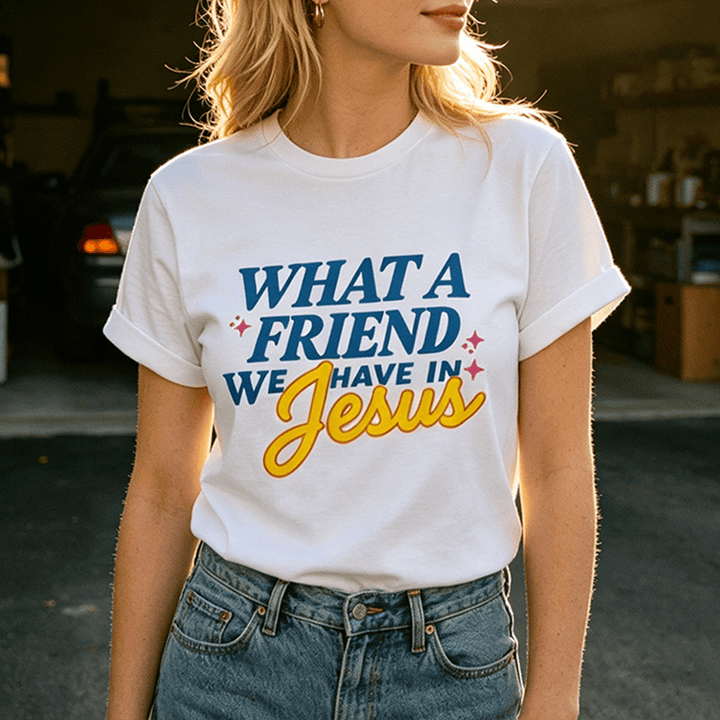 Christianartworkshop What A Friend We Have In Jesus Mix Block Cursive Tiny Star Sparkle Accent Front Print Christian Women’s Crewnecks - image 0