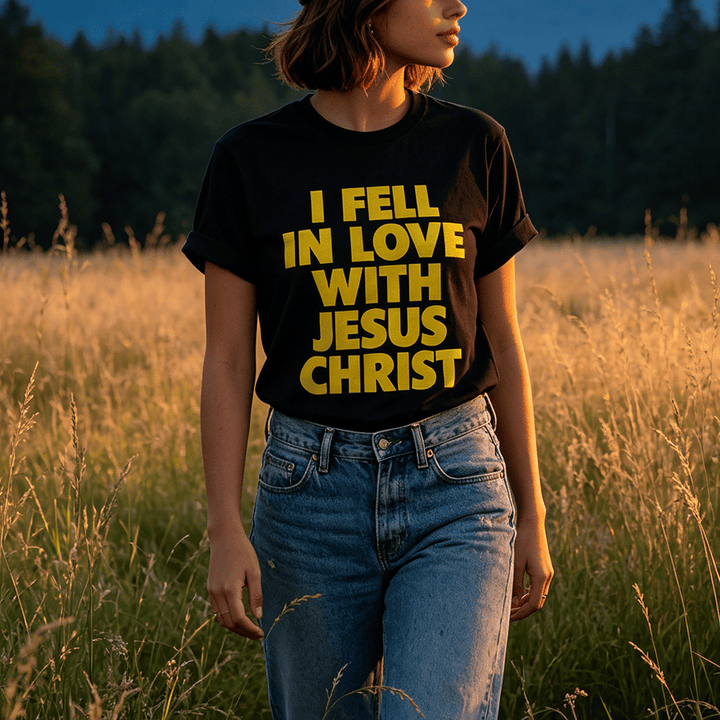 Christianartworkshop I Fell In Love With Jesus Christ Vertical Stack Bold Block Front Print Christian Women’s Crewnecks - image 0