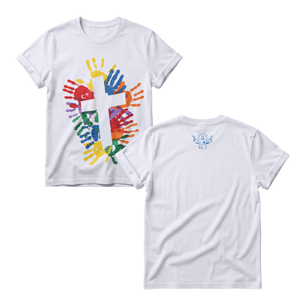 Christianartworkshop Multicolor Hand Heart Cross Front Minimal Worship Line Graphic Back Women’s Crewnecks - White - 4XL - image 1
