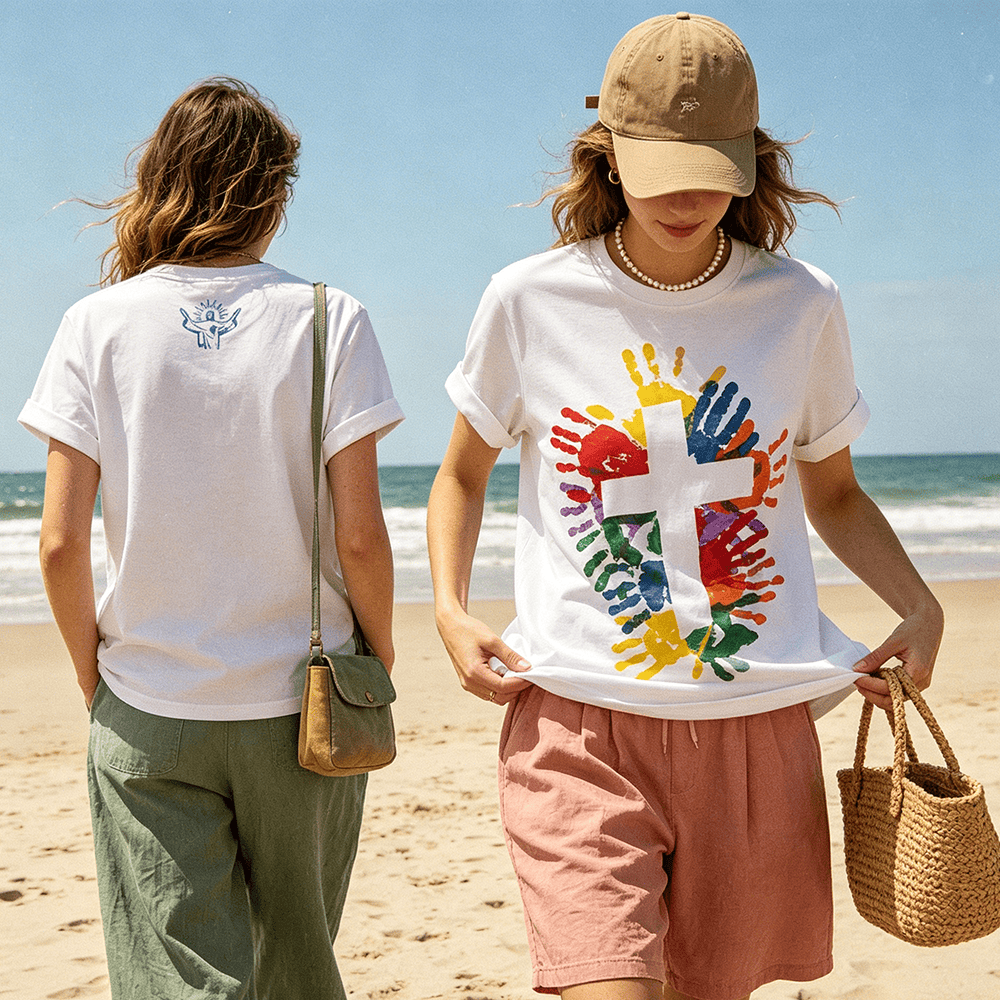 Christianartworkshop Multicolor Hand Heart Cross Front Minimal Worship Line Graphic Back Women’s Crewnecks - image 0