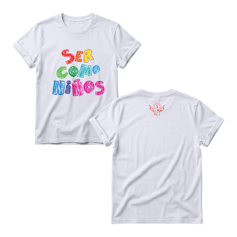 Christianartworkshop Ser Como Niños Multicolor Glossy Bubble Spanish Scripture Front Print Christian Women’s Crewnecks - White - 4XL - image 2