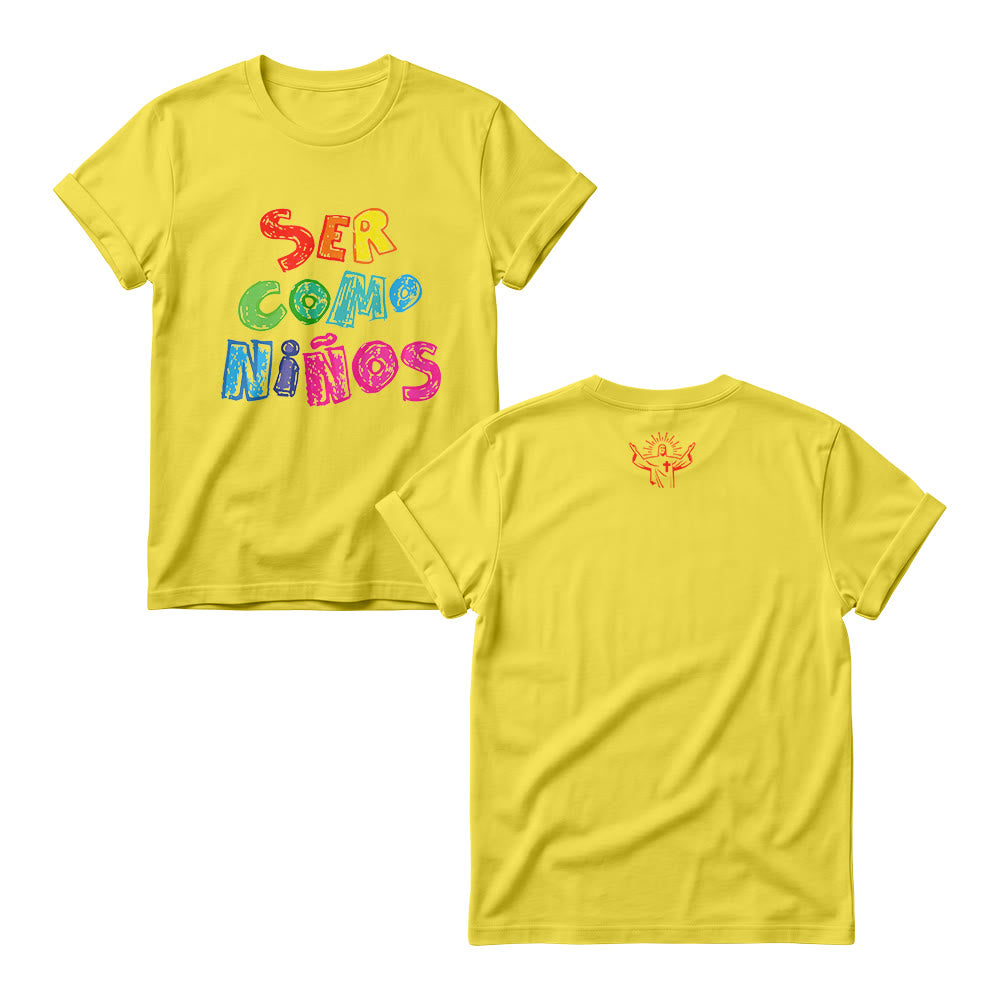 Christianartworkshop Ser Como Niños Multicolor Glossy Bubble Spanish Scripture Front Print Christian Women’s Crewnecks - Yellow - 4XL - image 3