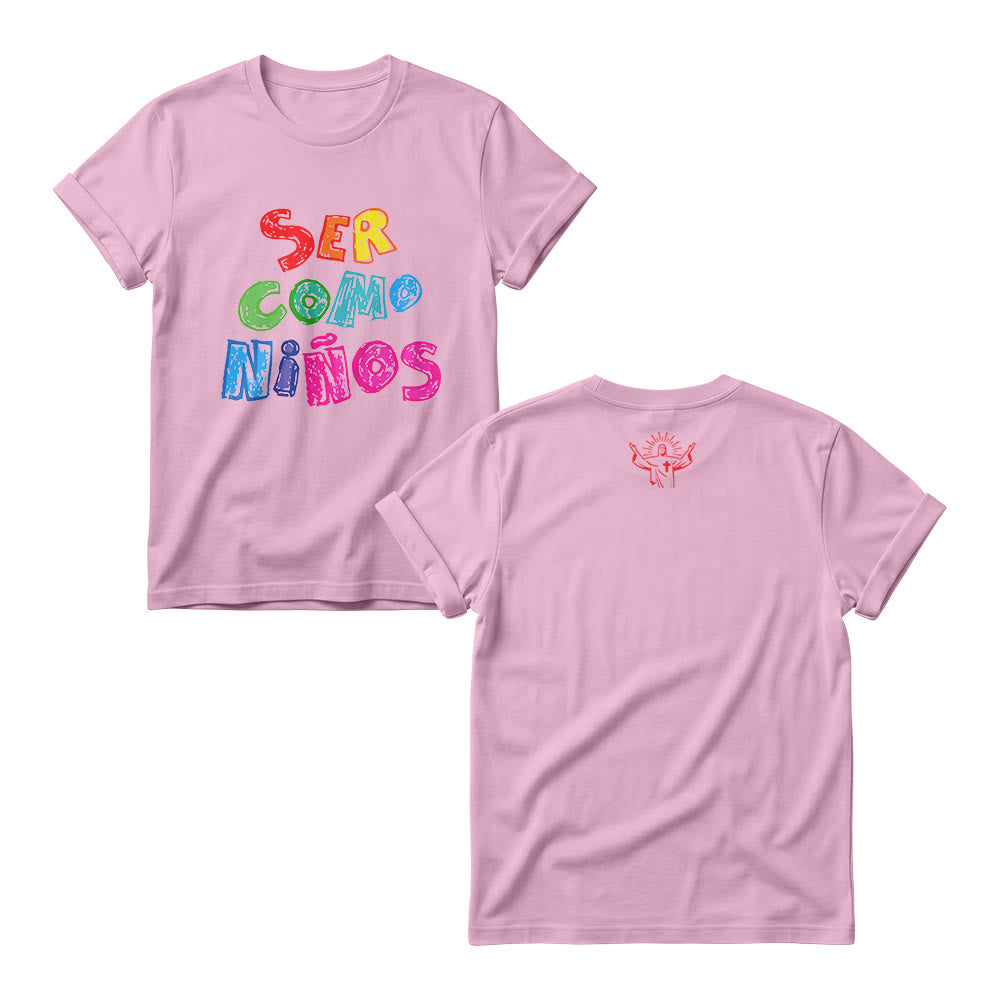 Christianartworkshop Ser Como Niños Multicolor Glossy Bubble Spanish Scripture Front Print Christian Women’s Crewnecks - Pink - 4XL - image 1