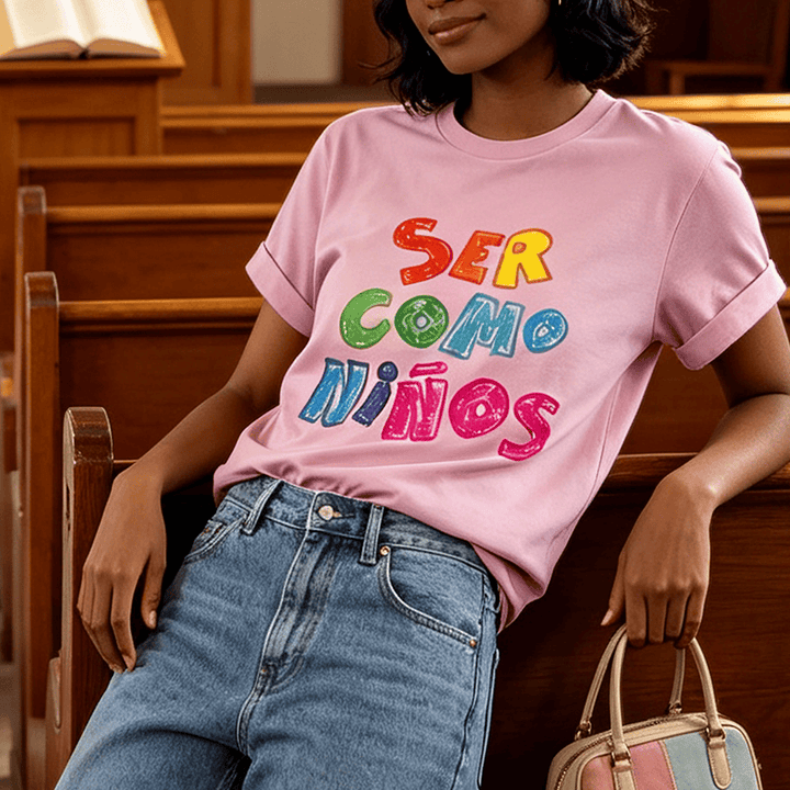 Christianartworkshop Ser Como Niños Multicolor Glossy Bubble Spanish Scripture Front Print Christian Women’s Crewnecks - image 0