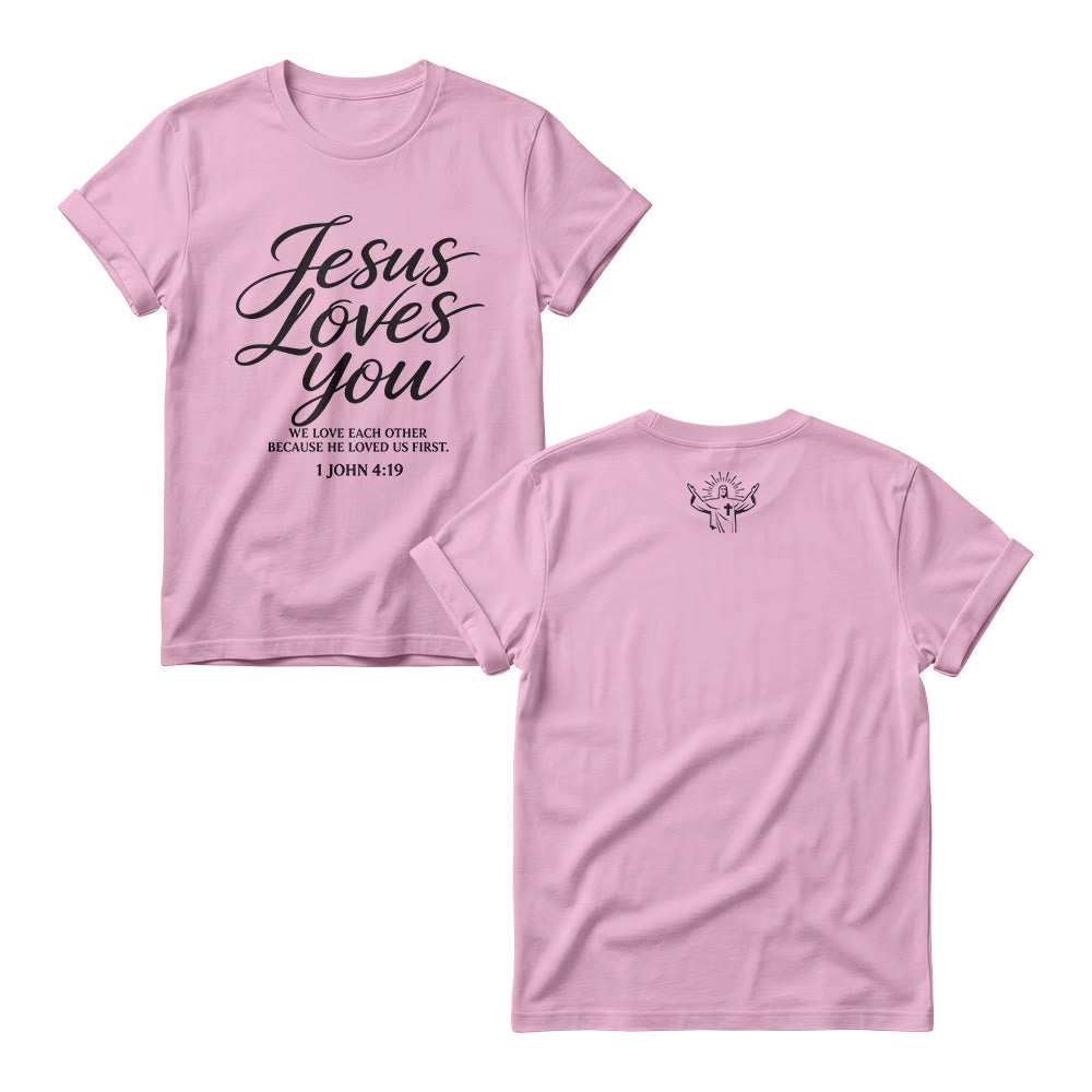 Christianartworkshop Jesus Loves You Flowing Cursive 1 John 4 : 19 Front Small Crown Cross Sketch Women’s Crewnecks - Pink - 4XL - image 5