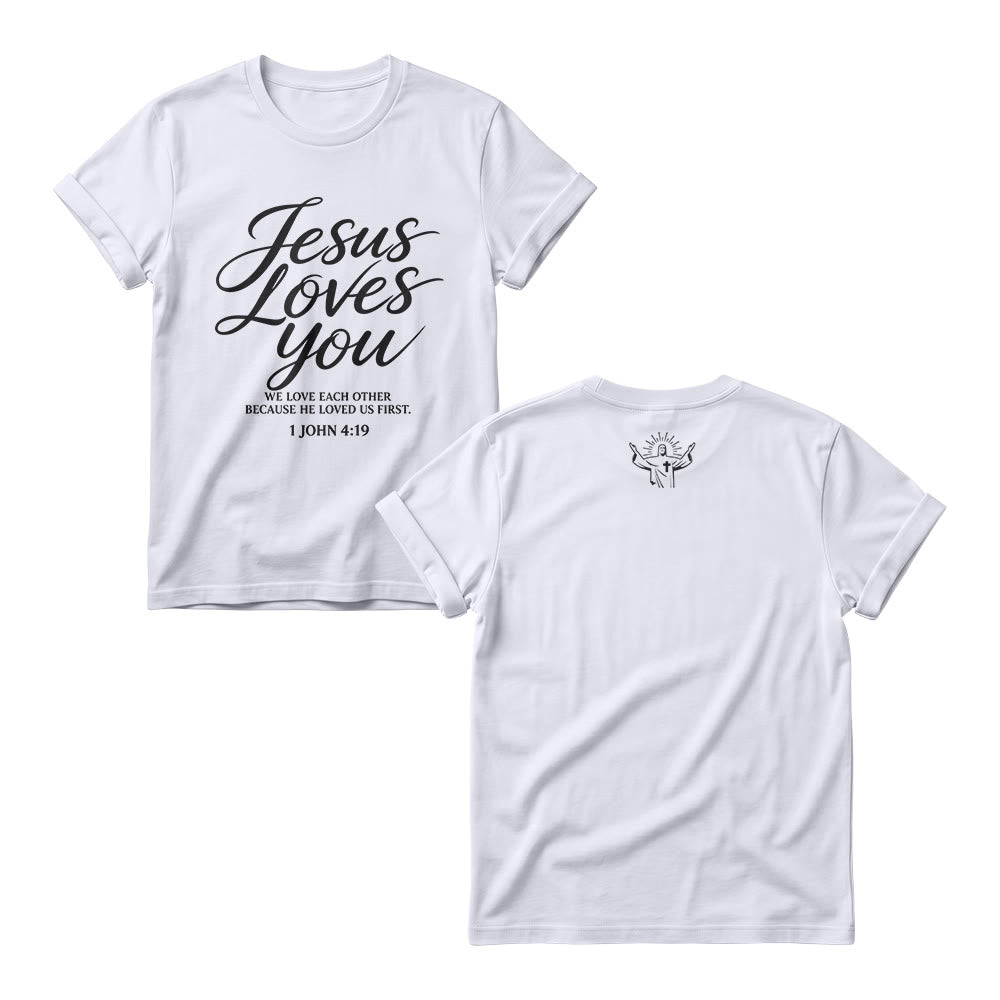 Christianartworkshop Jesus Loves You Flowing Cursive 1 John 4 : 19 Front Small Crown Cross Sketch Women’s Crewnecks - White - 4XL - image 2