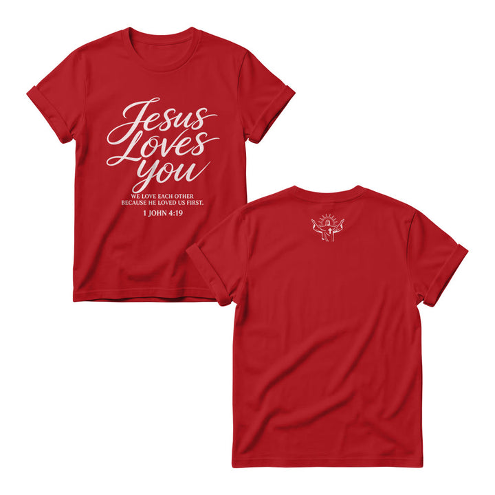 Christianartworkshop Jesus Loves You Flowing Cursive 1 John 4 : 19 Front Small Crown Cross Sketch Women’s Crewnecks - Red - 4XL - image 8
