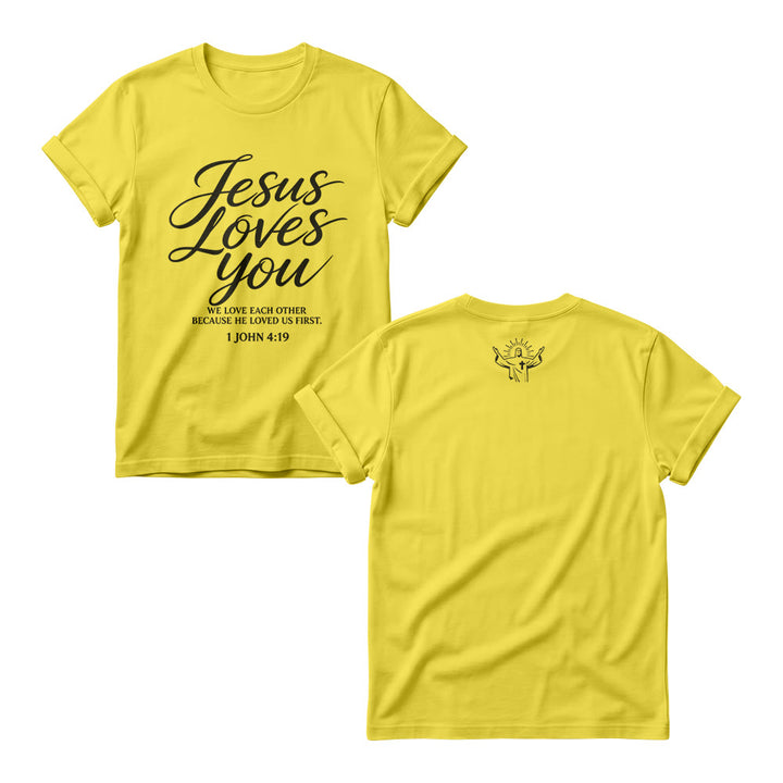 Christianartworkshop Jesus Loves You Flowing Cursive 1 John 4 : 19 Front Small Crown Cross Sketch Women’s Crewnecks - Yellow - 4XL - image 3