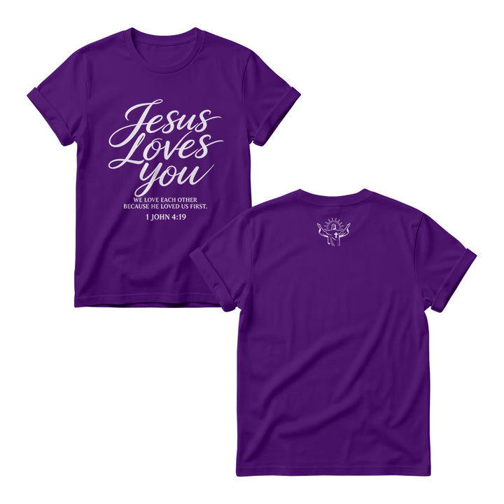 Christianartworkshop Jesus Loves You Flowing Cursive 1 John 4 : 19 Front Small Crown Cross Sketch Women’s Crewnecks - Purple - 4XL - image 7
