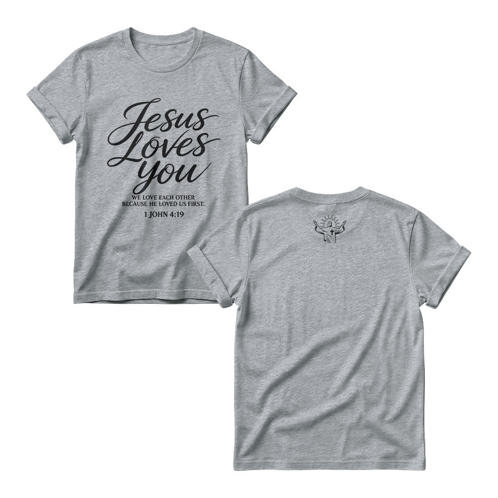 Christianartworkshop Jesus Loves You Flowing Cursive 1 John 4 : 19 Front Small Crown Cross Sketch Women’s Crewnecks - Grey - 4XL - image 4