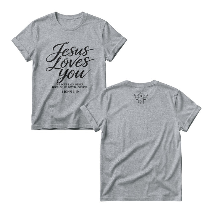 Christianartworkshop Jesus Loves You Flowing Cursive 1 John 4 : 19 Front Small Crown Cross Sketch Women’s Crewnecks - Grey - 4XL - image 4