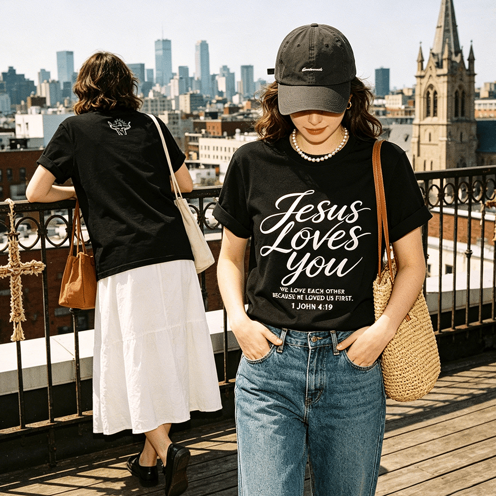 Christianartworkshop Jesus Loves You Flowing Cursive 1 John 4 : 19 Front Small Crown Cross Sketch Women’s Crewnecks - image 0