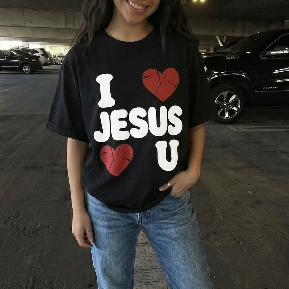 Christianartworkshop Cute Chunky Bubble Letter I Love Jesus Simple Double Heart Graphic Women’s Crewnecks - image 0