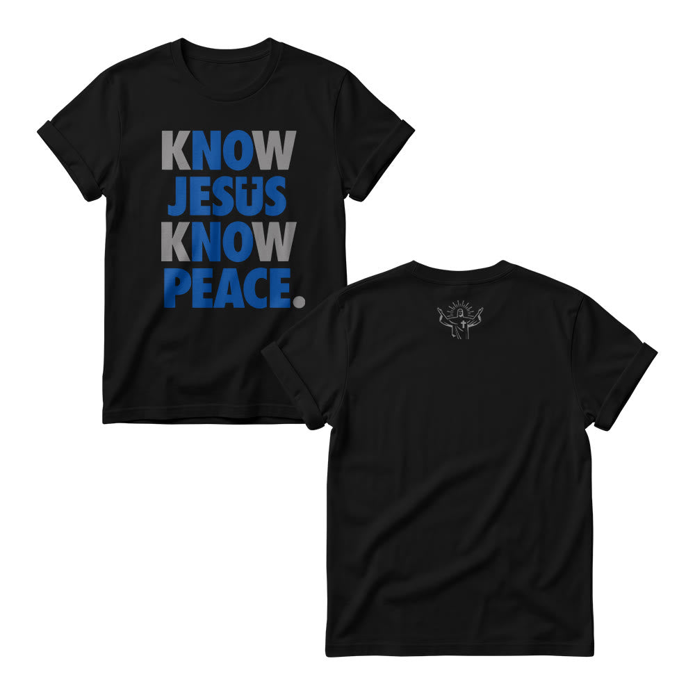 Christianartworkshop Know Jesus Know Peace Two Tone Vertical Stack Bold Block Front Print Christian Women’s Crewnecks - Black - 4XL - image 1