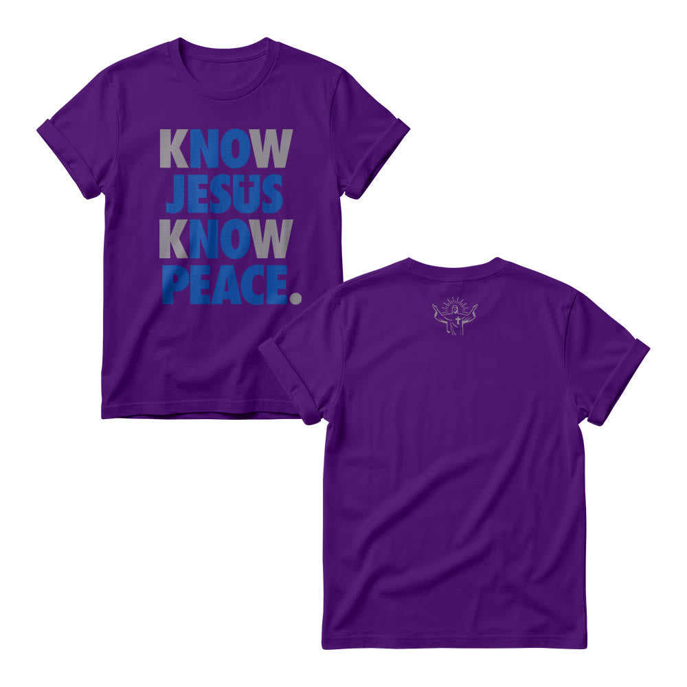 Christianartworkshop Know Jesus Know Peace Two Tone Vertical Stack Bold Block Front Print Christian Women’s Crewnecks - Purple - 4XL - image 7