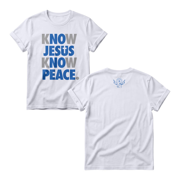 Christianartworkshop Know Jesus Know Peace Two Tone Vertical Stack Bold Block Front Print Christian Women’s Crewnecks - White - 4XL - image 2